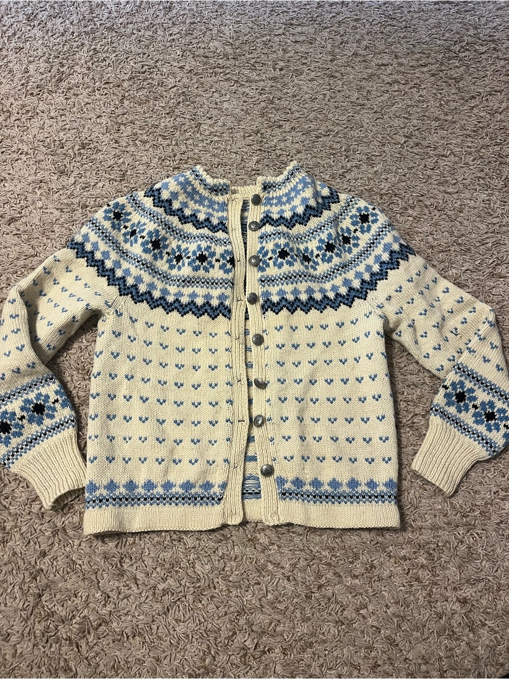 Cream and Blue Nordic Button-Up Knit Sweater
